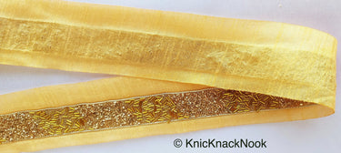 Beige Fabric Trim With Gold Seed Beads, Bugle Beads And Pipe Beads Embellishments, Beaded Trim